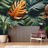 Modern living room with orange and green Monstera leaf wallpaper creating a bold tropical accent wall