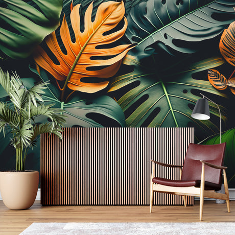 Modern living room with orange and green Monstera leaf wallpaper creating a bold tropical accent wall