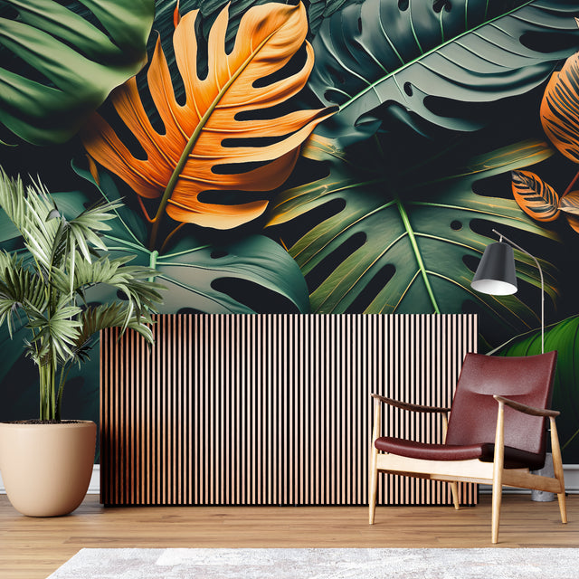 Modern living room with orange and green Monstera leaf wallpaper creating a bold tropical accent wall