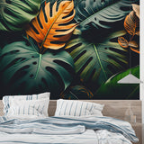 Dining room with tropical Monstera wallpaper showcasing orange and green leaves