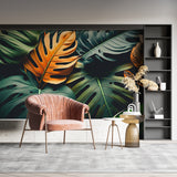 Bedroom with statement wall featuring orange and green Monstera leaf pattern
