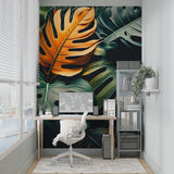 Entryway decorated with bold Monstera leaf wallpaper in orange and green