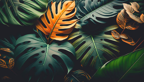 Tropical Monstera leaf wallpaper design file showing detailed orange and green pattern