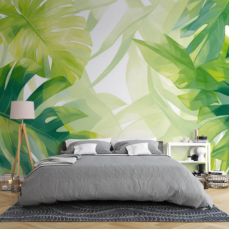 Monstera leaf wallpaper creating a fresh feel in a modern living room with white furniture
