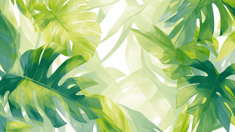 Tropical monstera wallpaper in a bright bedroom setting with natural light