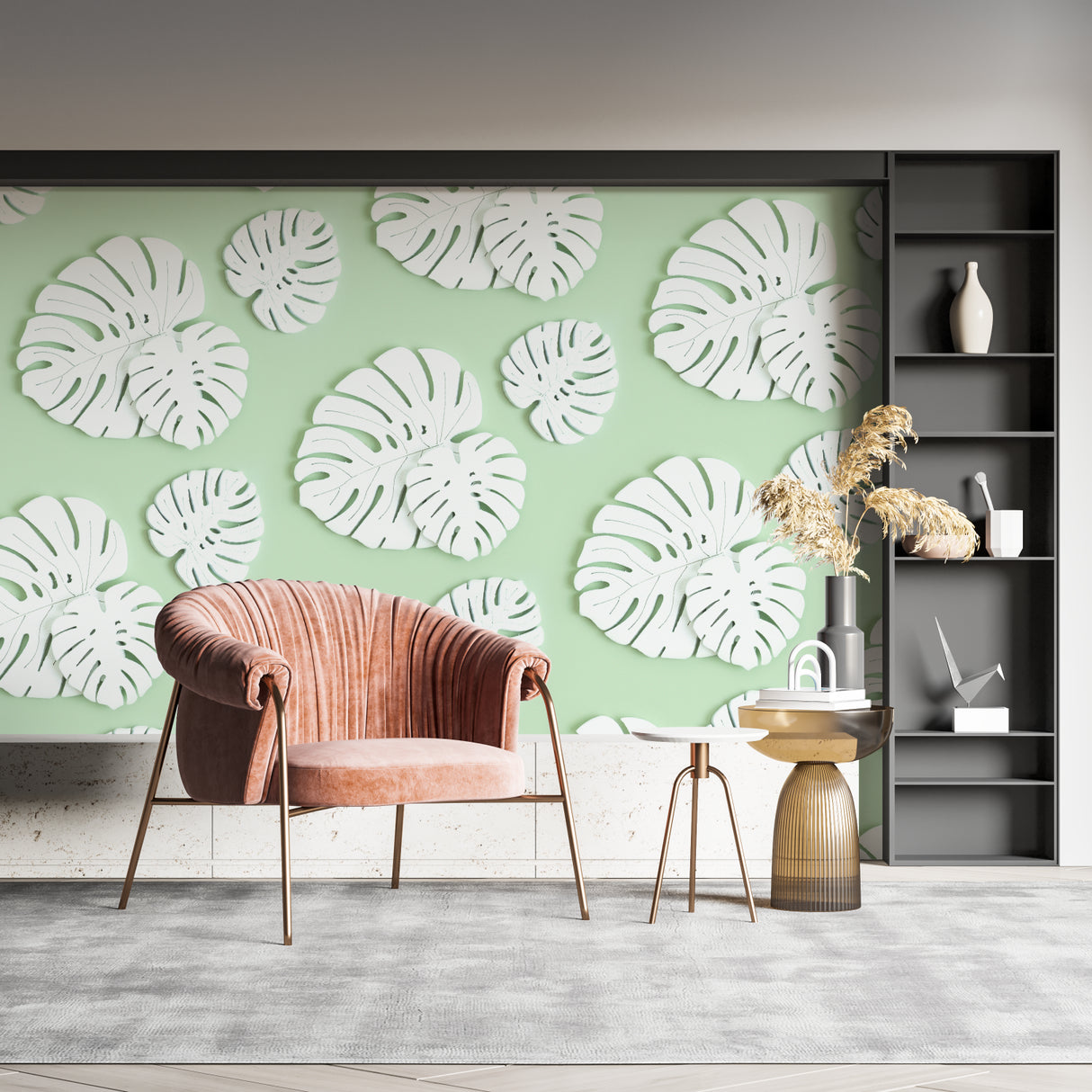 Bathroom featuring modern Monstera leaf wallpaper in fresh mint and white tones