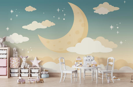 Moon and Stars Wallpaper in cozy nursery with white crib and soft lighting