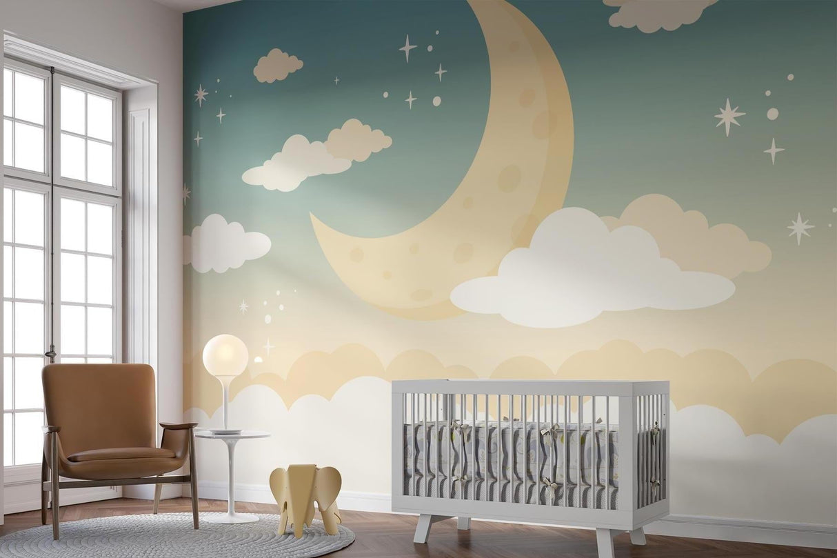 Moon and Stars Mural in baby room with gentle evening ambiance