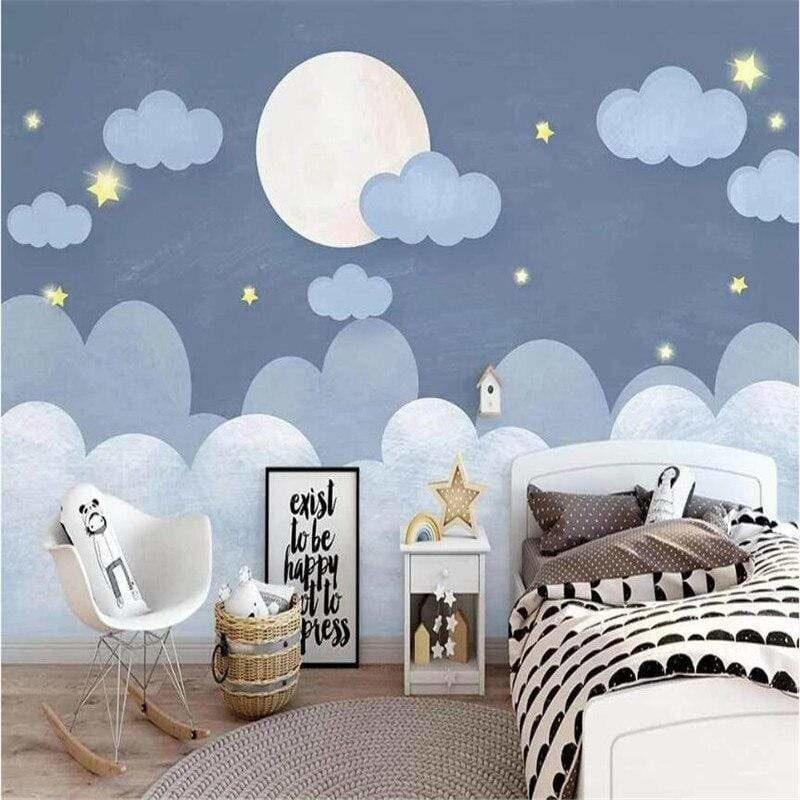Night sky mural wallpaper creating magic in a kids bedroom with twinkling stars effect