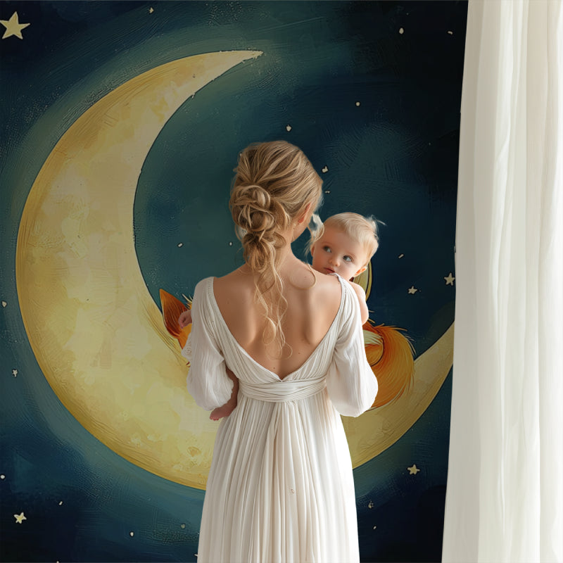 Moon fox nursery wallpaper creating a cozy atmosphere in a modern nursery with neutral furniture