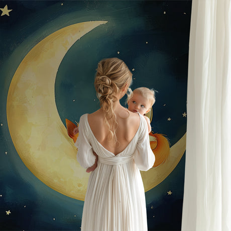 Moon fox nursery wallpaper creating a cozy atmosphere in a modern nursery with neutral furniture