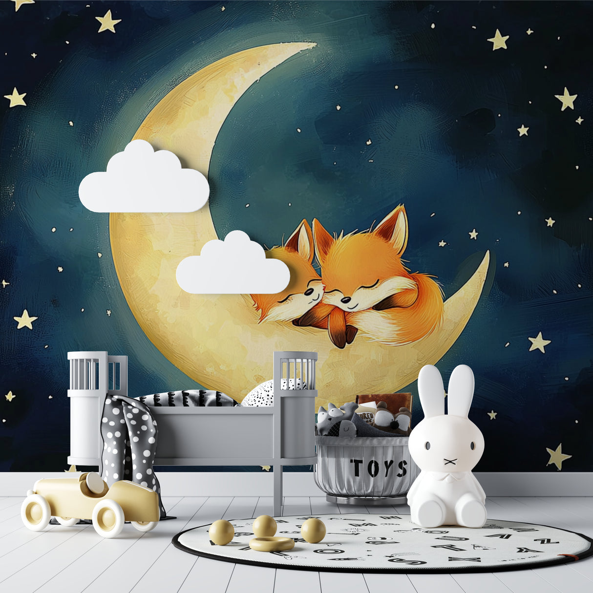 Fox wallpaper mural in a child's bedroom with soft lighting and reading nook