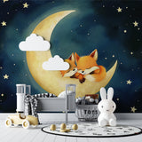 Fox wallpaper mural in a child's bedroom with soft lighting and reading nook