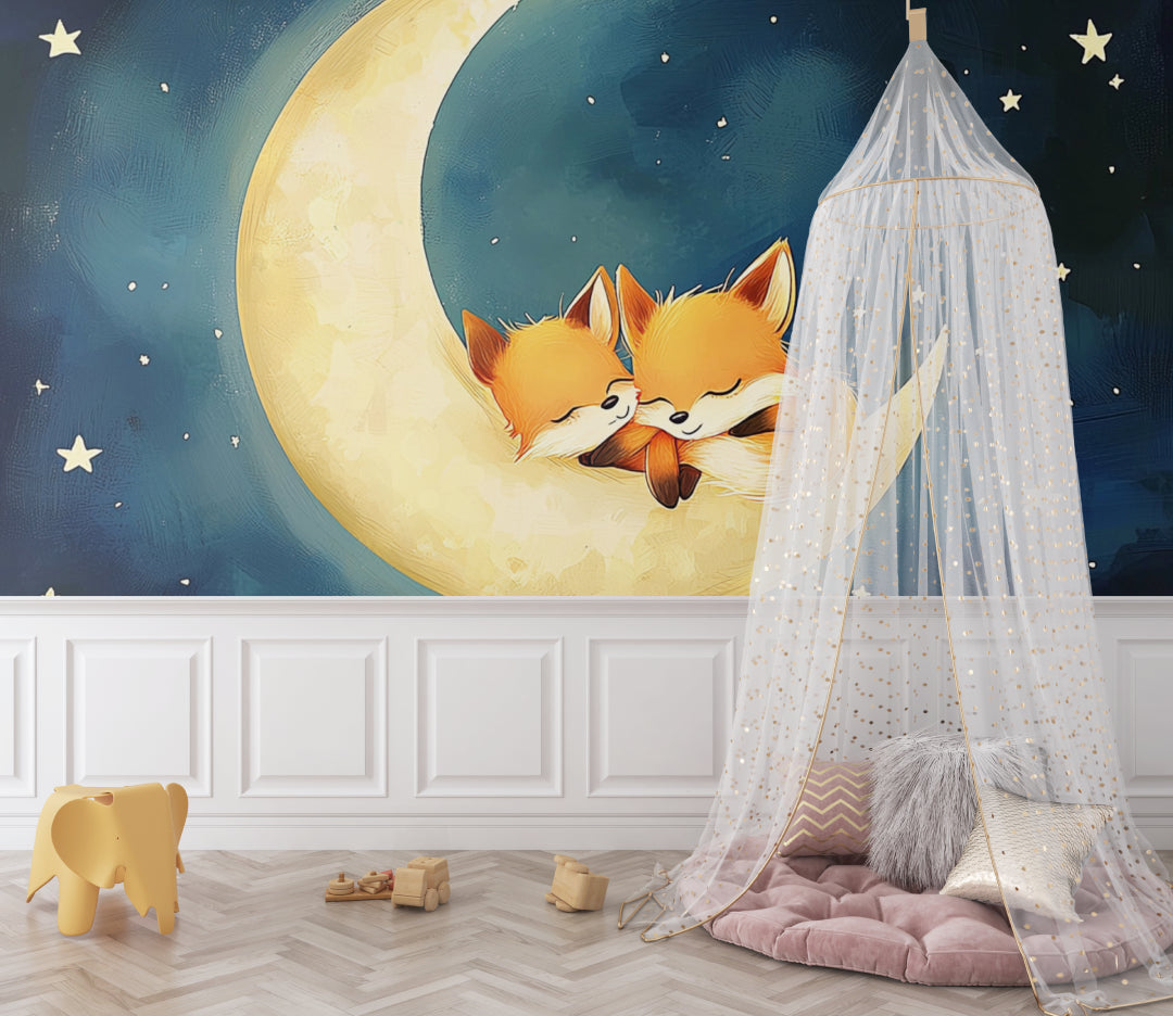 Night sky fox mural displayed in a playroom with white furniture