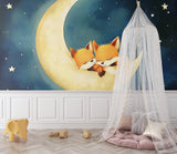 Night sky fox mural displayed in a playroom with white furniture
