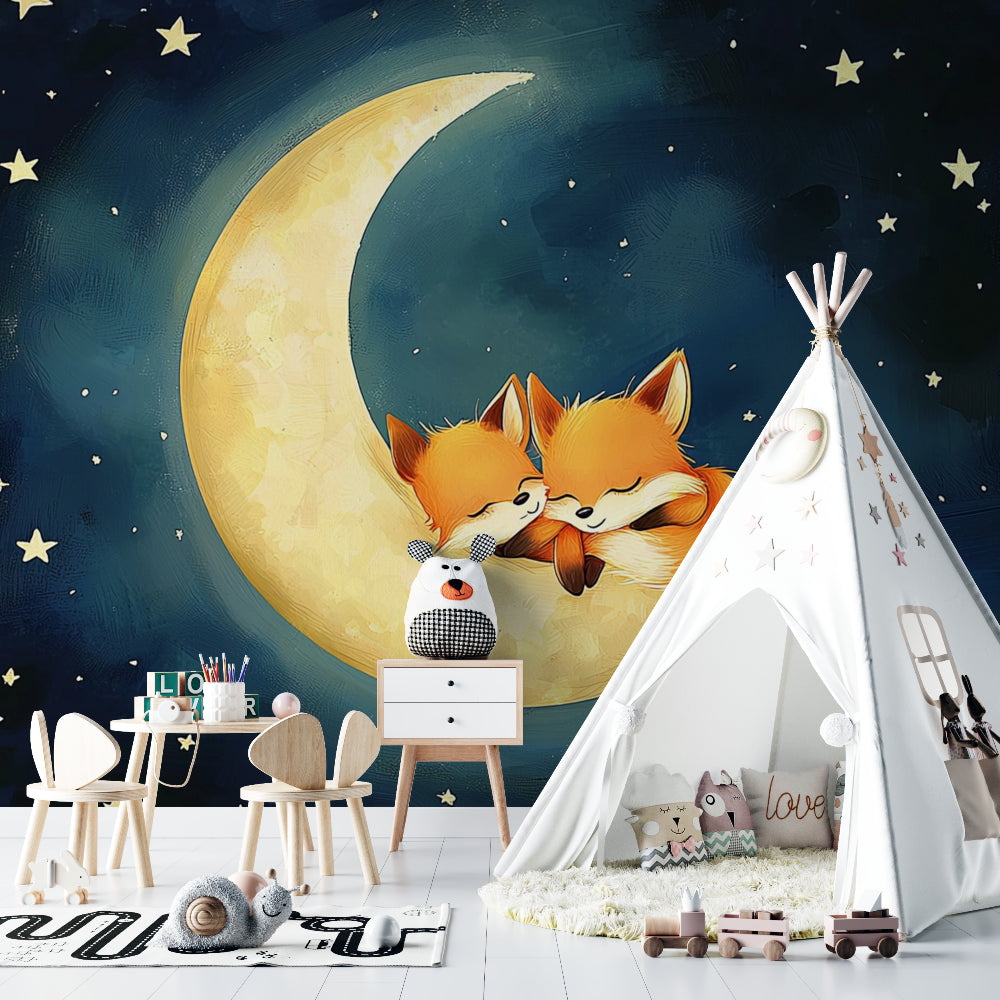 Dreamy fox wallpaper featured in a baby's room with wooden crib