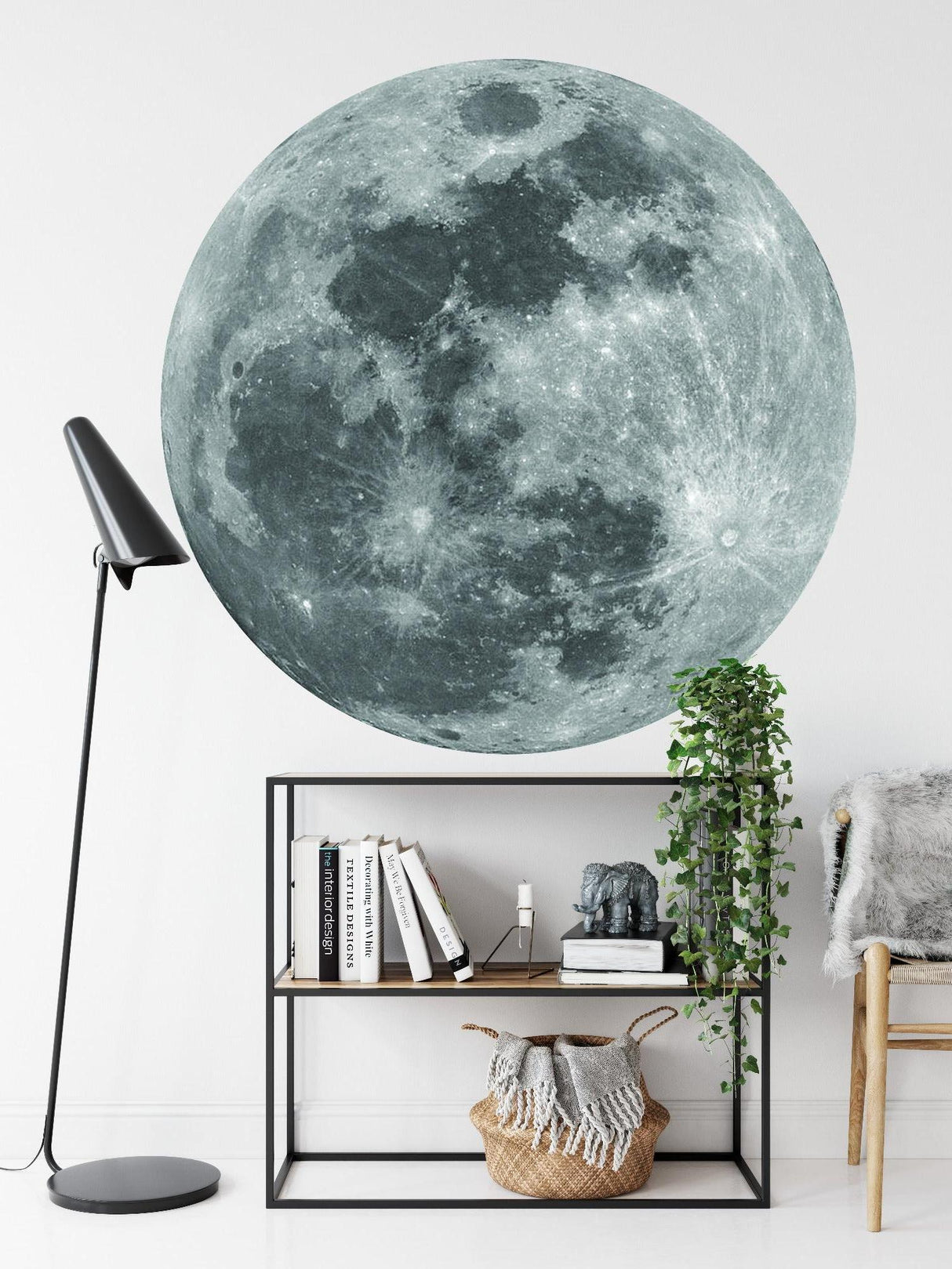 Moon wallpaper in modern bedroom creates peaceful atmosphere with grey lunar details