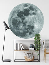 Moon wallpaper in modern bedroom creates peaceful atmosphere with grey lunar details