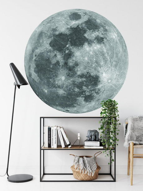 Moon wallpaper in modern bedroom creates peaceful atmosphere with grey lunar details