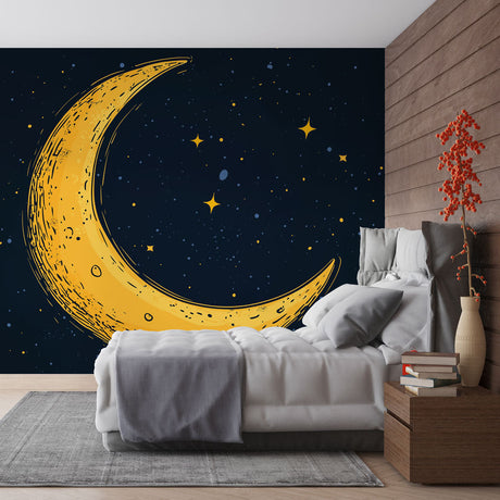 Moon and stars wallpaper creating a magical atmosphere in a cozy bedroom, soft golden light illuminating the space