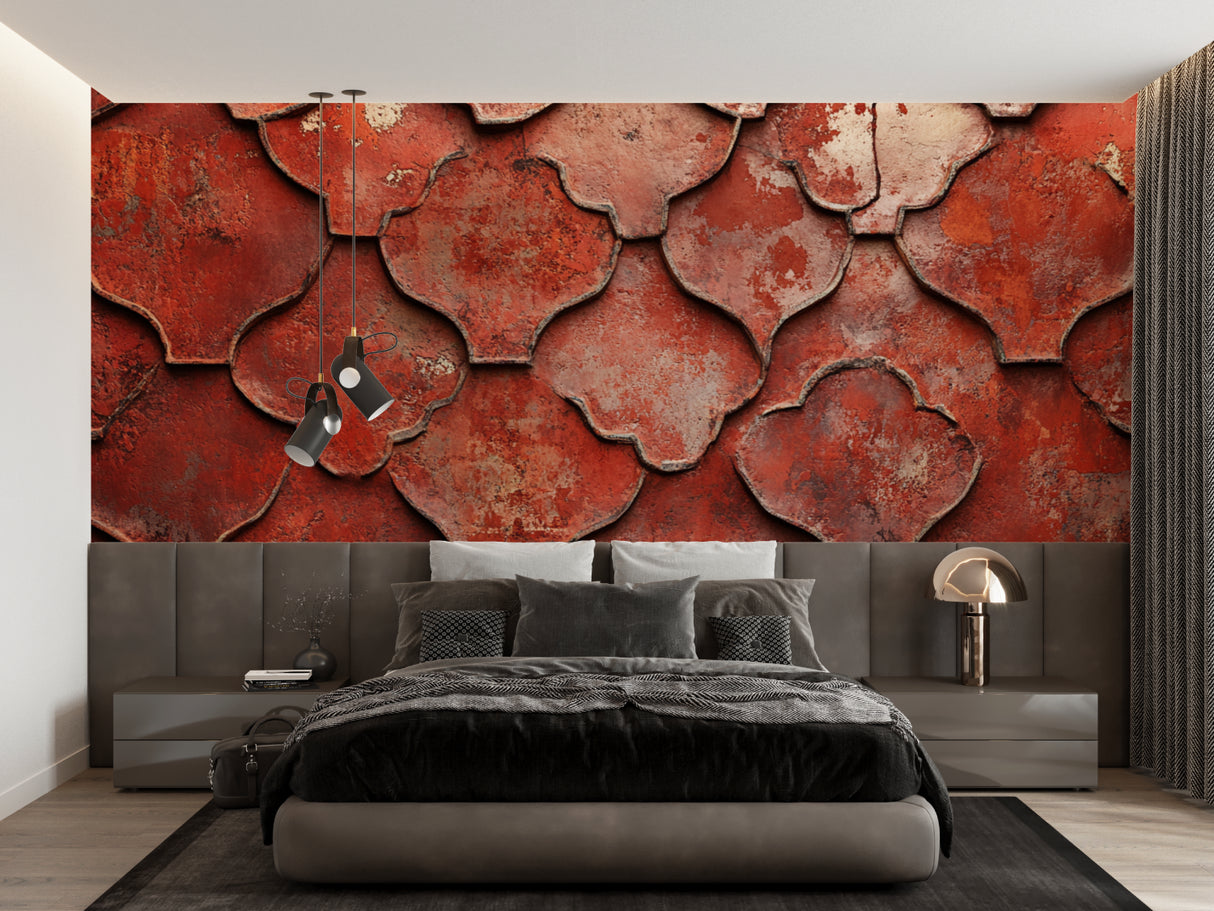 Terracotta geometric wallpaper creating an accent wall in a bedroom