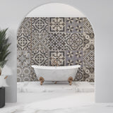 Grey Moroccan wallpaper in stylish home office with natural lighting