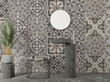 Vintage tile pattern mural in hallway showcasing grey geometric design