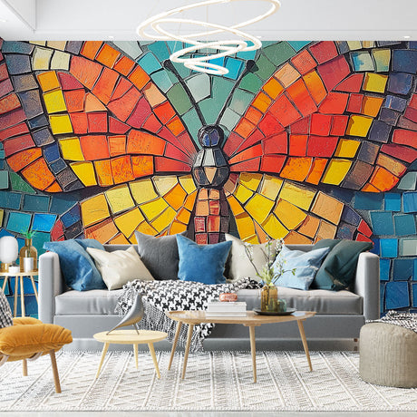 Mosaic butterfly wallpaper creating a stunning focal point in a modern living room with orange and turquoise accents