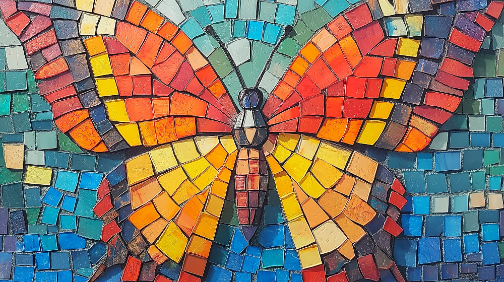 Mosaic butterfly wallpaper design file showing detailed geometric pattern and rich color palette