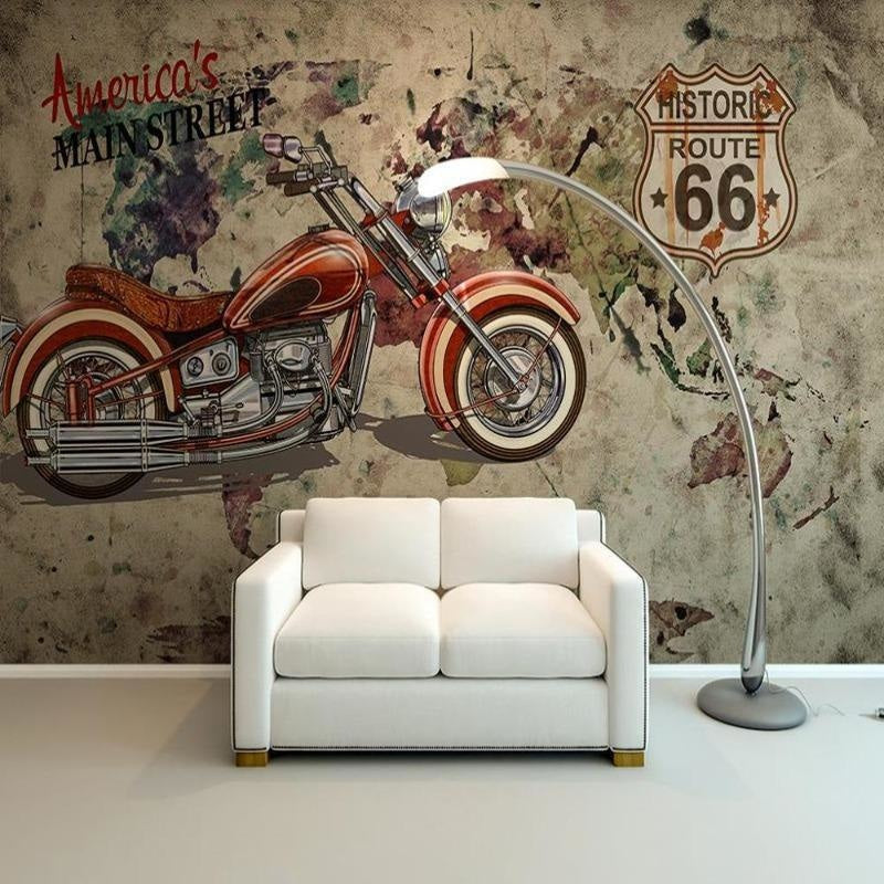 Vintage Mural Wallpaper | Route 66 Motorcycle Design