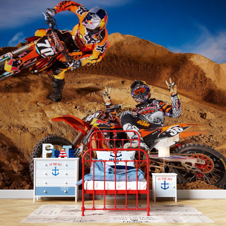 Motocross wallpaper bringing energy to a modern teen bedroom with orange and blue desert racing scene