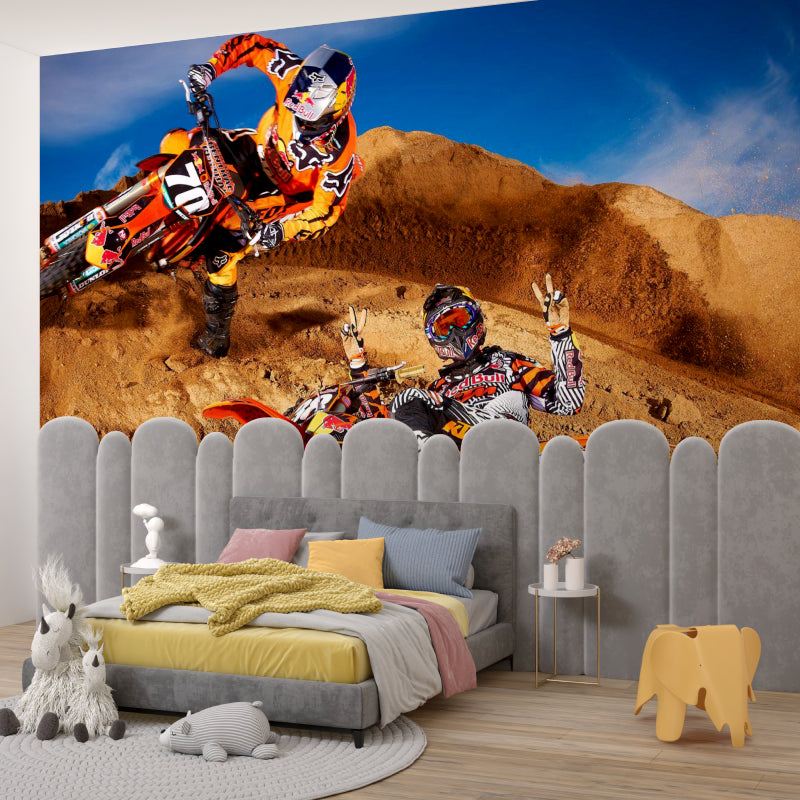 Sports action mural in gaming room showing dynamic motocross racing against desert backdrop