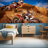 Motorcycle racing wallpaper installed in home gym with dramatic desert landscape