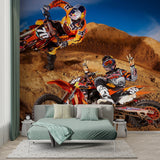Desert motocross mural creating depth in man cave with action-packed racing scene