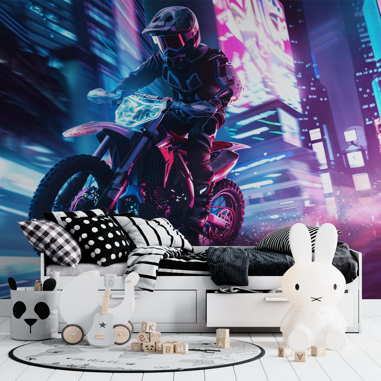 Motocross neon wallpaper bringing urban energy to a modern gaming room with glowing cityscape effects