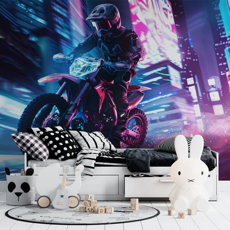 Motocross neon wallpaper bringing urban energy to a modern gaming room with glowing cityscape effects