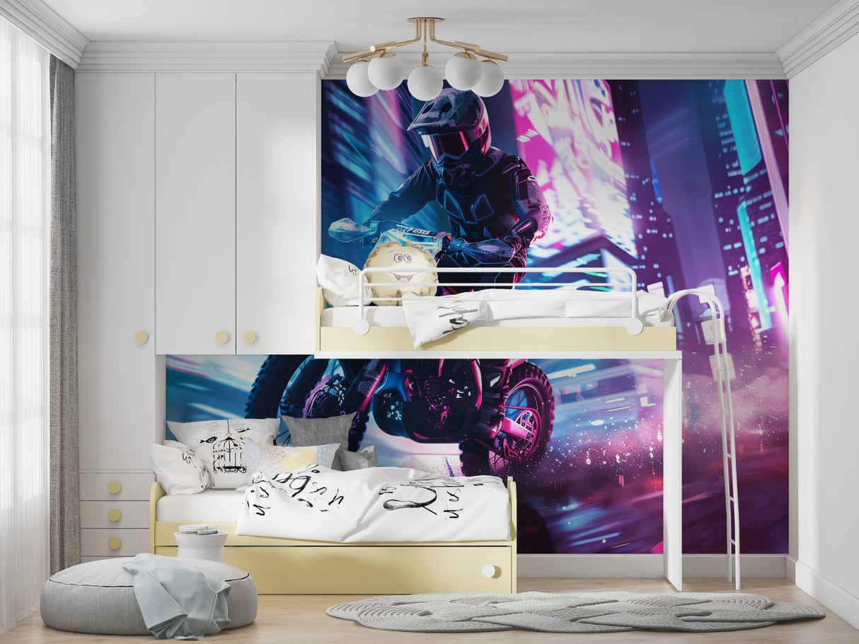 Night rider motocross mural transforming a teen bedroom with vibrant neon lights