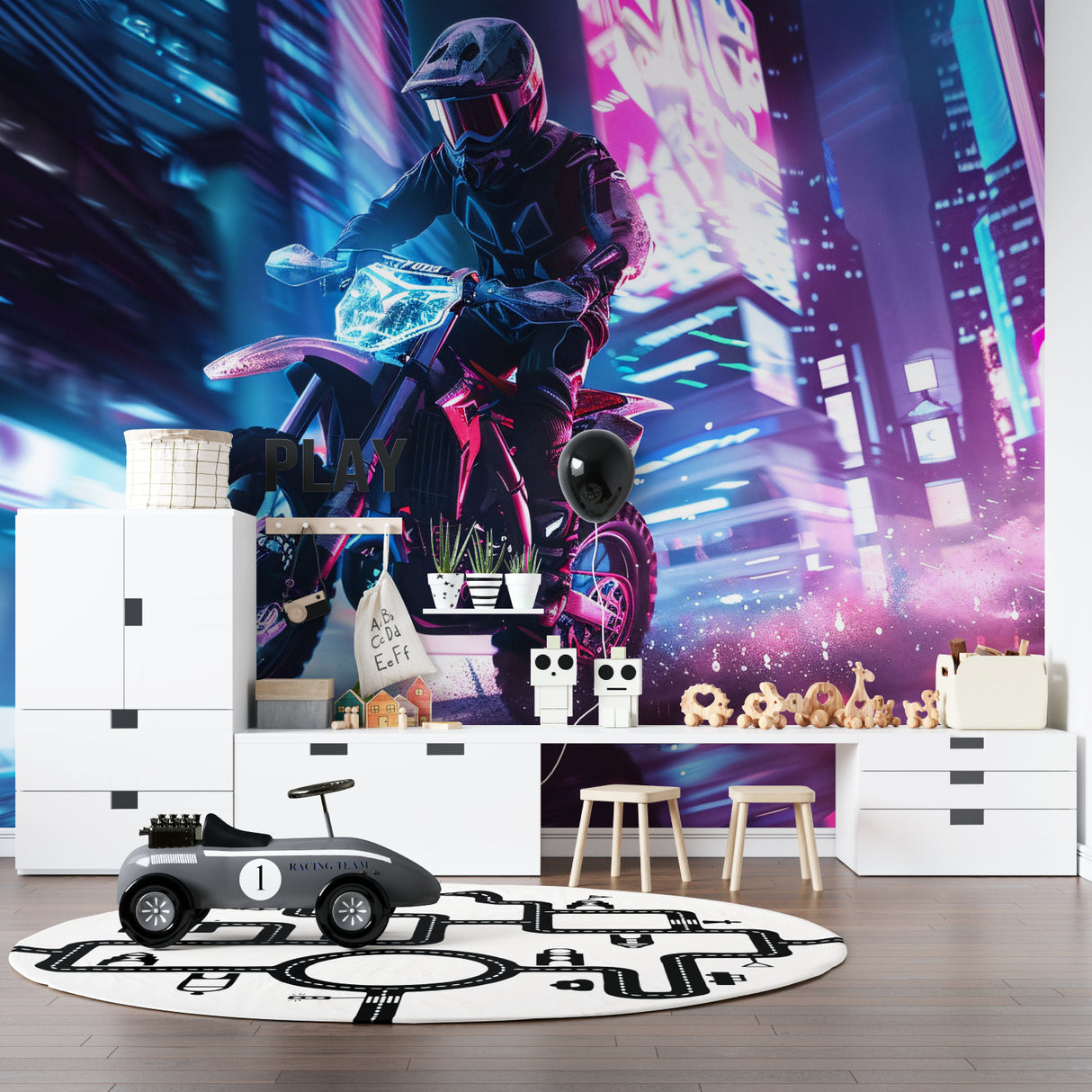 Cyberpunk motorcycle wallpaper energizing a home gym with dynamic racing scene