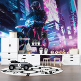 Cyberpunk motorcycle wallpaper energizing a home gym with dynamic racing scene