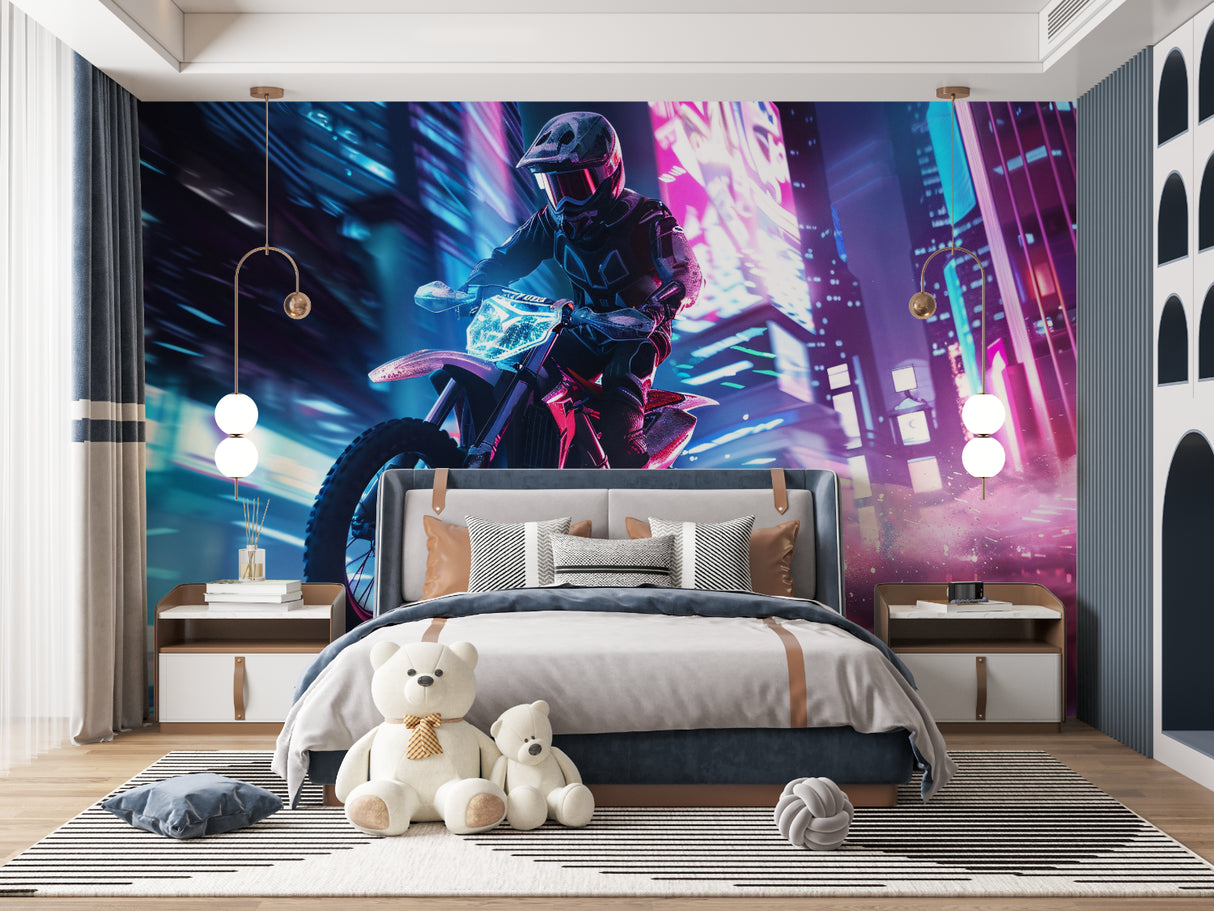 Urban motocross mural creating mood in a man cave with neon city backdrop