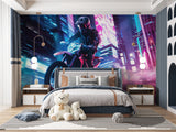 Urban motocross mural creating mood in a man cave with neon city backdrop