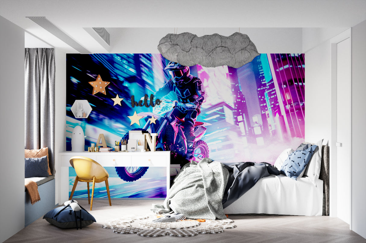 Street racing wallpaper adding cool vibes to a recreational room setup