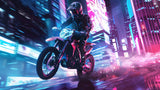 Design file showing detailed neon motocross pattern with urban night racing elements