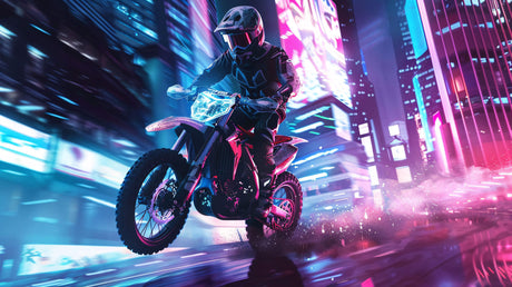 Design file showing detailed neon motocross pattern with urban night racing elements