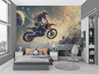 Motocross space wallpaper in modern gaming room showing cosmic racing action