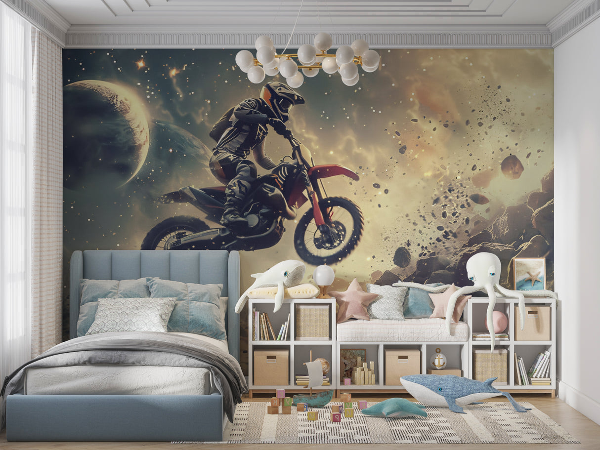 Space motocross mural bringing energy to teen bedroom with planetary background