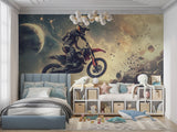 Space motocross mural bringing energy to teen bedroom with planetary background
