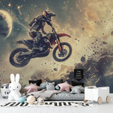 Sports themed wall mural showcasing cosmic motocross action in playroom