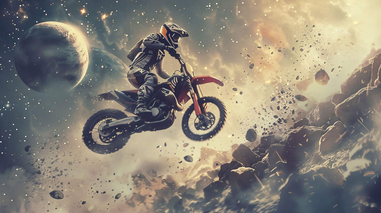 Design file showing detailed motocross rider jumping through cosmic space scene