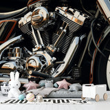 Engine wallpaper bringing industrial edge to garage conversion space